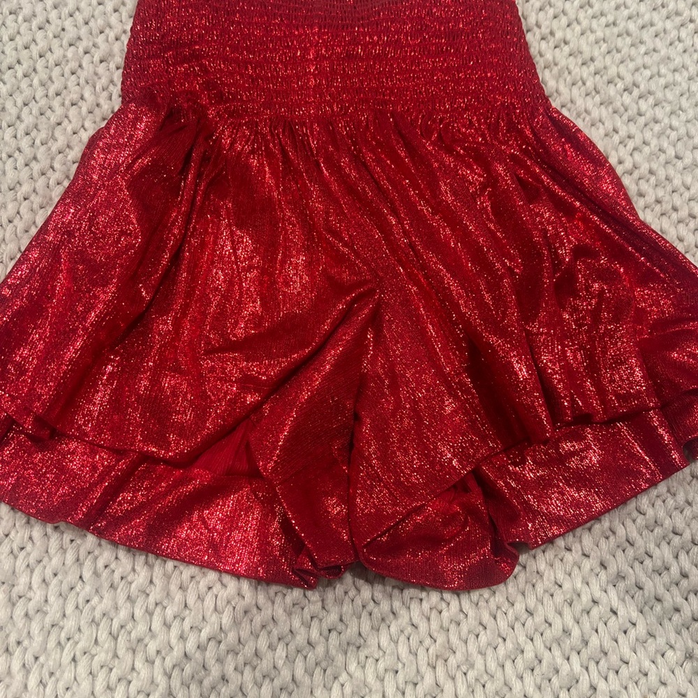 Red Shimmer Smocked Waist Mini Skirt